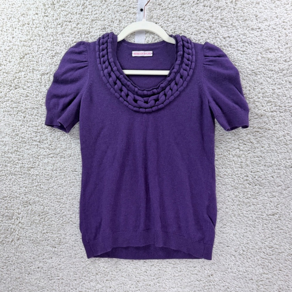 Rebecca Taylor Sweater Women XS Purple Silk Cashmere Braided Neck Puff Sleeve